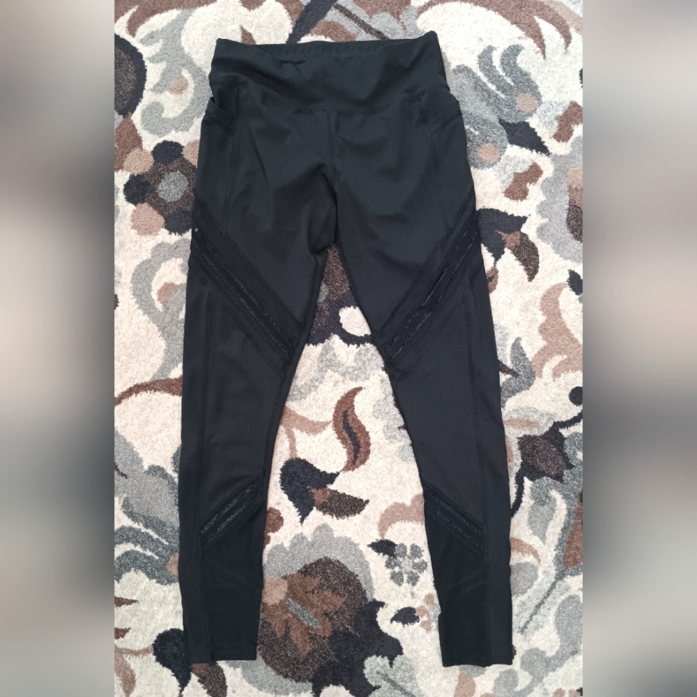 Rag Yoga Pants Black Leggings Women's Large Pockets Ankle Mesh Active Wear - Picture 1 of 8